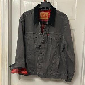 Levi’s jeans jacket, gray with red plaid on the inside
